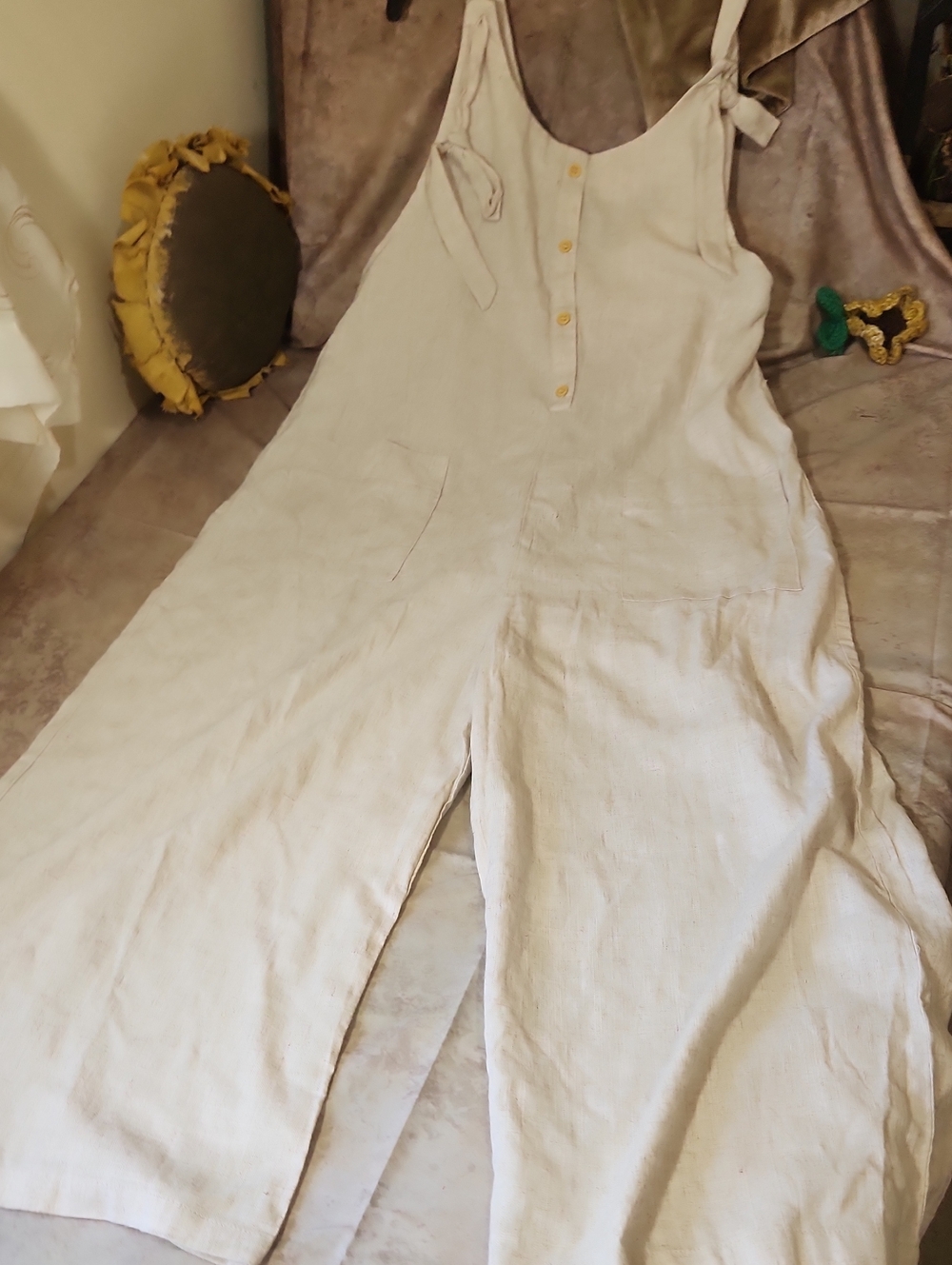 Linen Tie-Shoulder Wide-Leg Jumpsuit in Natural
